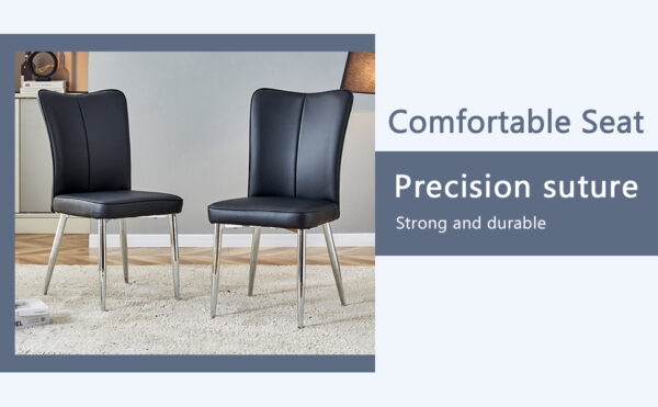 a6a027cbb0524ea4b2cd865b8b2f551a_3e745702ba373d13e5f862ad7aa3a394 Table and chair set.63"x31.5x30" Black Marble-Patterned Slabs Tabletop with Stainless Steel Butterfly Legs.Paired with 4 Black PU dining chairs with a vertical stripe design on the backrest.