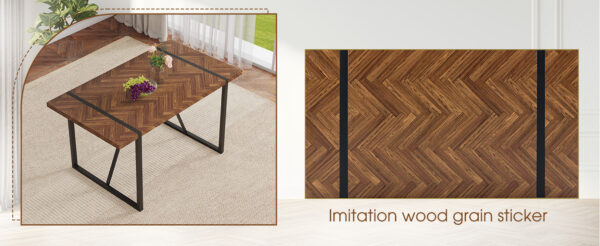 Table and chair set.A retro rectangular dining table with fishbone patterned MDF desktop and black metal legs.Paired With 6 Brown technology fabric chairs with Featuring arched black legs.