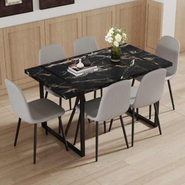 a71136d825f34c5a847f7f86f6c9f7e8_0f02b331e1600b96a14303da97d6b3db Table and chair set.Modern Black Marble Pattern MDF Dining Set - 55"x31.4" with 6 Light Gray Linen Fabric Chairs.Iron Pipe Spraying Chair Legs.Suitable for kitchen,Dining room,etc.