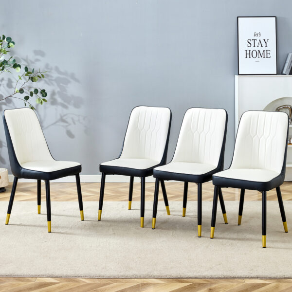 a7205e7828f04cceb1445b32a76b2cbc_1866aead05b41dd5bf041bc6bd4a73f5 Modern Two-Tone PU Dining Chairs - White and Black spliced chairs With Gold Decorated Legs.White and Black spliced,Black Metal Legs,Set of 4 chairs.