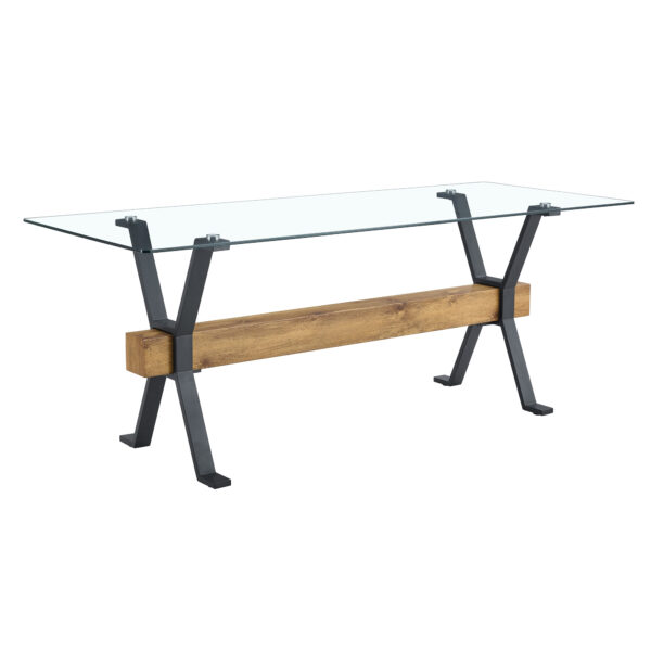 a723c3fb861f4de3a784ae0bf0767a22_36ebacbce8c6a1598d0db55a282617d7 Table and chair set.79"x31.5" Inch Tempered Glass Tabletop With X-shaped Black Metal Table Legs,Wood Grain Textured MDF Crossbeam.Paired With 8 Light Gray Linen-Cotton Dining Chairs.