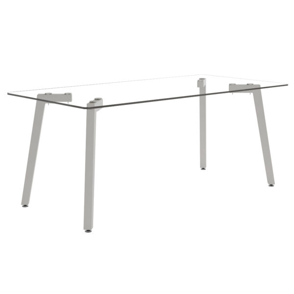 a73fec32c887456a989aa2a90e295cd5_71ac2fac49a305ccd71e293f99284d80 71 * 35.4 inch rectangular dining table. The transparent tempered glass tabletop is paired with silver 7-shaped metal table legs, showcasing a minimalist texture. Suitable for various places.