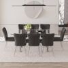 Table and chair set.Elegant Transparent Tempered Glass Dining Set - 71"x35.4" with 8 Black PU Chairs with a vertical stripe design on the backrest.