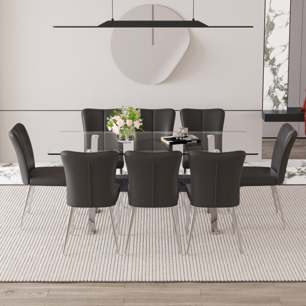 a75fe4db95f84e5aa8ba5ccc6a44ad56_4b23a8c36da2c3ad9107be2a0fcc69b3 Table and chair set.Elegant Transparent Tempered Glass Dining Set - 71"x35.4" with 8 Black PU Chairs with a vertical stripe design on the backrest.