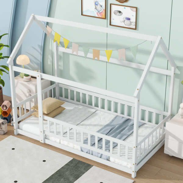 Twin Size House Floor Wooden Bed with Roof Frame,Safety Guardrails,White