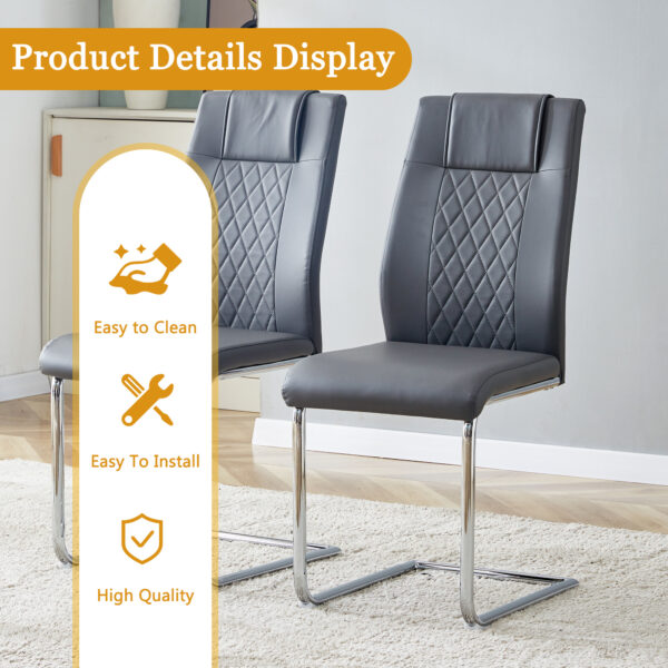 a76b4fd23ca4429f84e506eb66b2a0cf_04e70476b5e4233a60c8b7dc70963ffb Table and chair set.64.5 x 35.4 Inch Stylish White Marble Textured Dining Table,Perfectly Blending Simplicity And Transparency.Paried With 4 Dark Gray High-quality PU Chairs With Arched Metal Legs.