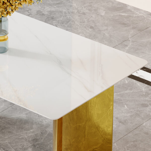 a777b0eddeb9431fb0c3c1758002fed7_d460f2ef532696ad11b6281a2803f4ce Modern minimalist dining table. White imitation marble glass sticker tabletop, golden table legs, stable and beautiful. Suitable for living room and dining room 63" *35.4" *30 DT-69