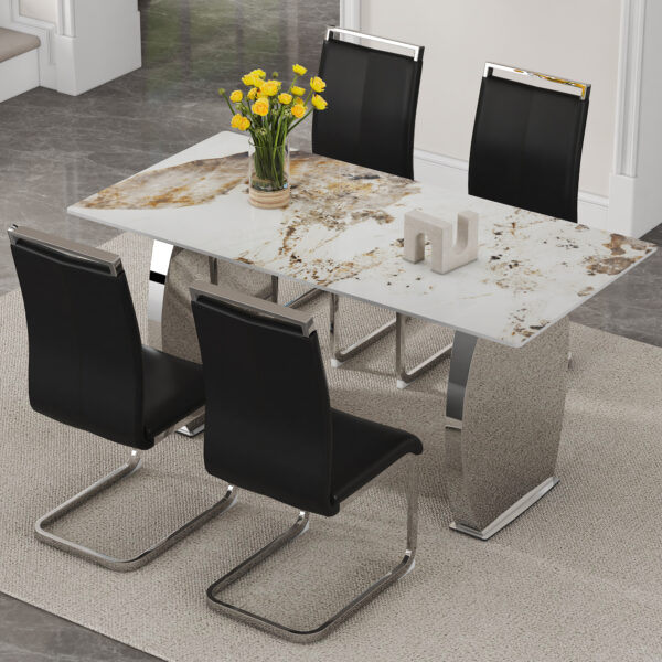 a78d3466715d4ae59d3ee14a5ce14bcf_de31d59e414d1812e9fcd75336cb73d7 Table and chair set.63*31.4 Inch Pandora Patterned Sintered Stone Dining Table Set - 4 Black PU Chairs With Silver Metal Legs.Modern Light Luxury.Perfect For Dinner Room,Meeting Room,Kitchen,etc.