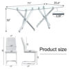 Table and chair set.71''*35.4'' Inch Modern Luxurious Transparent Tempered Glass Dining Table Set with 6 Chairs.Double Fork Silver Metal Table Legs.White High-quality PU Dining Chairs.