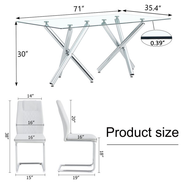 a79b320d623a427ba78118b5e5ea45b3_8e2226a5e70de80138ba38745e2f1dd0 Table and chair set.71''*35.4'' Inch Modern Luxurious Transparent Tempered Glass Dining Table Set with 6 Chairs.Double Fork Silver Metal Table Legs.White High-quality PU Dining Chairs.