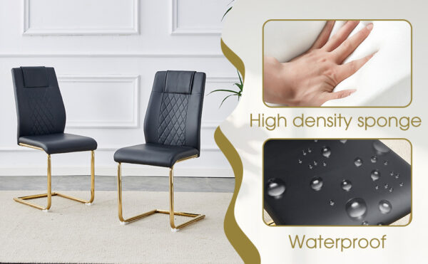 a7d759e9f1f24a3eaf7bdbfbc5fbf3ed_15dec1872c0bc3bb65c7144be49ec203 Table and chair set.Modern Luxurious Transparent Tempered Glass Dining Table Set with 6 Chairs.Single Fork Golden Metal Table Legs.Black high-quality PU dining chairs with golden metal legs.