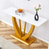 Modern and simple rectangular glass dining table in white with a pattern, 0.39 "white top and gold legs, suitable for entrance and living room.