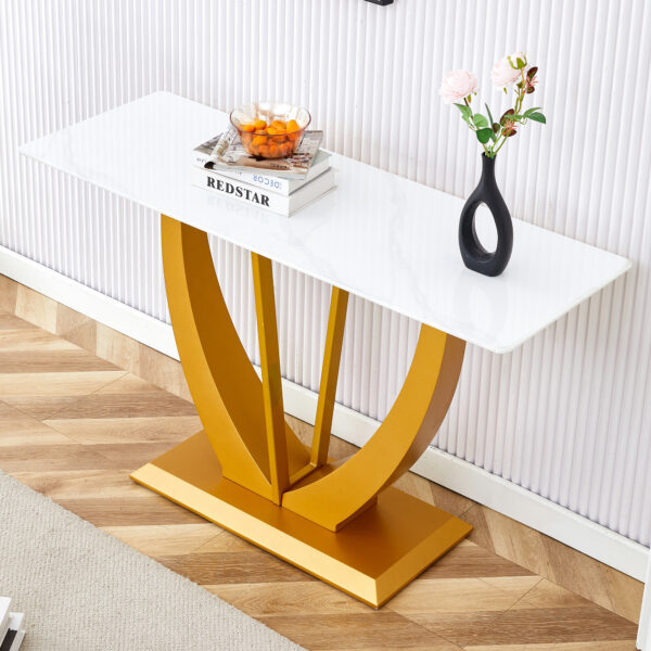 Modern and simple rectangular glass dining table in white with a pattern, 0.39 "white top and gold legs, suitable for entrance and living room.
