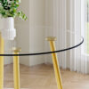 A modern minimalist style round transparent tempered glass table with gold metal legs, paired with 4 modern PU leather high-back dining chairs, bring a luxurious experience.