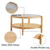Modern simple circular double-layer solid wood tea table rattan woven Chinese side table small round table suitable for living room, dining room and bedroom