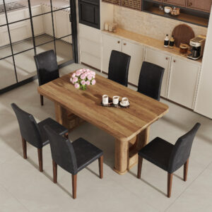 Table and chair set.64.5 x 35.4 Inch Stylish Wood Color Textured Dining Table.Perfectly Blending Simplicity And Transparency.Paried With 6 Black PU Dining Chairs with Walnut Color Metal Leg.