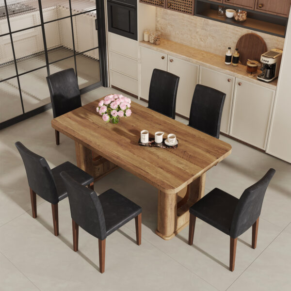 a8191db306cc41ed936f6a2f92f0b341_304cb66cb27e4722cdffc5c7ef88919a Table and chair set.64.5 x 35.4 Inch Stylish Wood Color Textured Dining Table.Perfectly Blending Simplicity And Transparency.Paried With 6 Black PU Dining Chairs with Walnut Color Metal Leg.