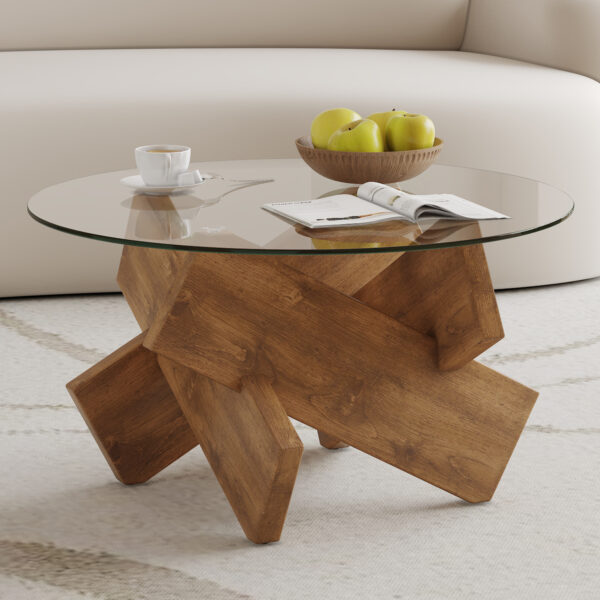 Circular glass coffee table, 33.4-inch modern and distinctive design tea table. Tempered glass countertop, wood colored MDF table legs. Suitable for living rooms and farmhouses