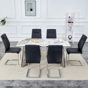 Table and chair set.63"x31.5x30" Luxurious Pandora patterned Sintered Stone Tabletop with Silver Stainless Steel Butterfly Legs.Paried With 6 Black High-quality PU Chairs With Arched Metal Legs.