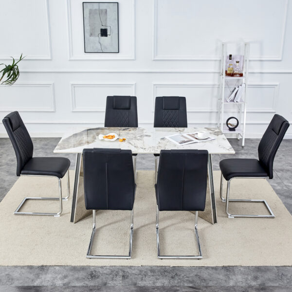 a844066ef2af4ede9577dcf5682986b3_4c0daea759fe5e7468d1c695e0b981ca Table and chair set.63"x31.5x30" Luxurious Pandora patterned Sintered Stone Tabletop with Silver Stainless Steel Butterfly Legs.Paried With 6 Black High-quality PU Chairs With Arched Metal Legs.