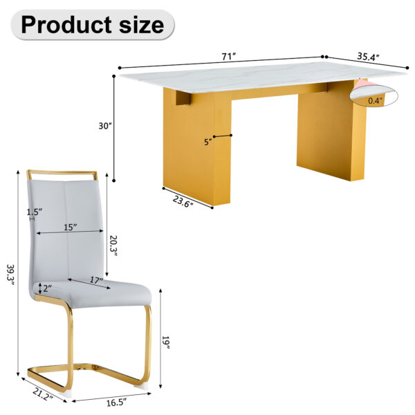 a8494327d2694b358c5d2aa62e4886f0_e9fa4790011e302d40afb4bab64e12cf Table and chair set.Large modern rectangular table with 0.4 inch patterned glass tabletop and large MDF table legs.Comes with 8 chairs with faux leather cushioned seats and golden metal legs.