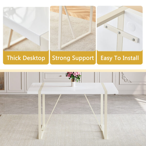 a85ac1f243e54800b6b78ced8fdf67e3_7fff1b3c819f34ff35268e598ca8e99a Table and chair set.55"x31.4" Cream-Style White MDF Dining Table Set with 6 White Chairs With Silver Metal Legs.MDF Tabletop and metal frame legs.Adding a warm and gentle atmosphere to your family.