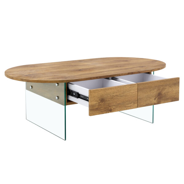 a85c487bec534dcbbc9de29b18503a4f_24b4df3b95174823d079dcfc117a60a0 Coffee table with double drawers. The board surface is MDF sticker, and both sides are transparent tempered glass. The design is simple and elegant, with excellent storage functions.