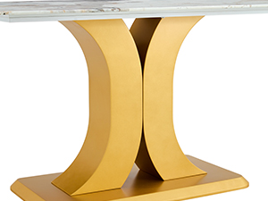 Table and chair set.71"x35.4"x30" Luxurious Pandora Patterned Glass Dining Tabletop with Golden Back To Back C-Shaped MDF Legs.Paried With 8 Light Gray PU Chairs with golden C-tube metal leg.