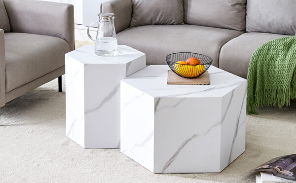 a871c5da8f2b4560a51328c9418f2112_96ba17ac94a8aabbf990249413591bc6 Modern minimalist style hexagonal white marble patterned MDF coffee table set (two-piece set) .Complex texture patterns, style and texture coffee table to redefine your interior decoration.