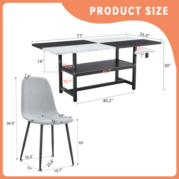 Table and chair set.71*35.4 inch White And Black Spliced Dining Table With Storage Function In The Middle Of The Table Legs.Paired With 6 Light Gray Linen Fabric Chairs.