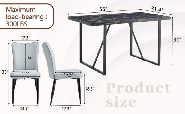 a89478dc5f454eedbc2a8468acf6f979_b48660238cce579e54ef15aa55f5ec1b Table and chair set.Modern Black Marble Pattern MDF Dining Set - 55"x31.4"with 6 Light Gray PU chairs with a vertical stripe design on the backrest.Suitable for kitchen,Dining room,etc