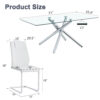 Table and chair set.Modern Luxurious Transparent Tempered Glass Dining Table Set with 6 Chairs.Single fork silver metal table legs.White high-quality PU dining chairs with silver metal legs.