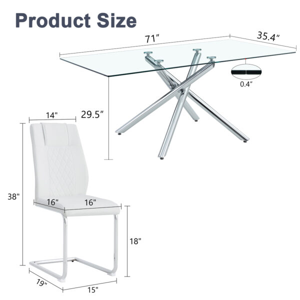 a8bd8f59fedb4b9f809602661da2aa18_3226f7b87f6f45824994a5f8033a4d8c Table and chair set.Modern Luxurious Transparent Tempered Glass Dining Table Set with 6 Chairs.Single fork silver metal table legs.White high-quality PU dining chairs with silver metal legs.