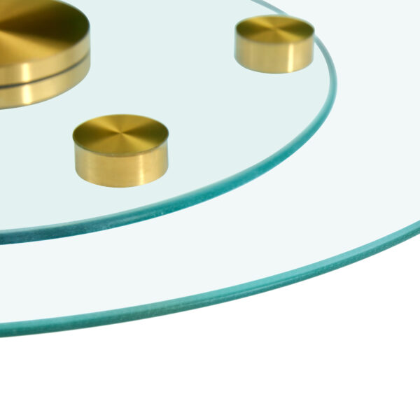 a8bd9c7e2b0e4667a40553b58b0b5e9a_95bc1ac461ba1a2a46f46768c4380b5a Double layer rotatable round glass.Golden aluminum plate,The rotatable design makes it convenient to retrieve and place items.The upper glass has a diameter of 20 inches,the lower glass15 inches.