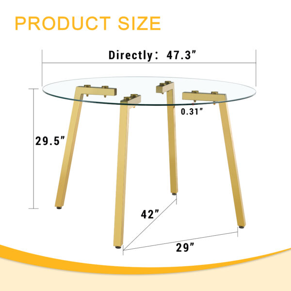 a8d3cdd3abf54b498871d0cabdca7fa2_c3c34e7291ec37bad2776b534ed3a448 Modern Luxurious Round Tempered Glass Dining Table with Gold 7-Shaped Metal Legs,suitable for family meals, office conferences, or as a casual coffee table for various occasions.47.3*47.3*29.5