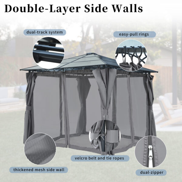 TREXM 10'x10' Hardtop Outdoor Gazebo with Polycarbonate Roof, Patio Gazebo with Aluminum Frame, Mosquito Netting and Privacy Screens for Shade and Rain, Backyard Tent for Backyard, Garden, Lawn (Grey)
