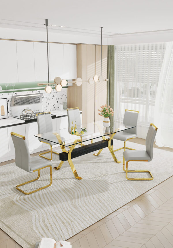 a8dd86cd5d9c43ffb5453a64dbef8e0a_20230727_7274b7162870057058bef653ca00ca5b Dining table. Modern tempered glass dining table. Large modern office desk with gold plated metal legs and MDF crossbars, suitable for both home and office use. Kitchen. 79 ''x39''x30 '' 1105