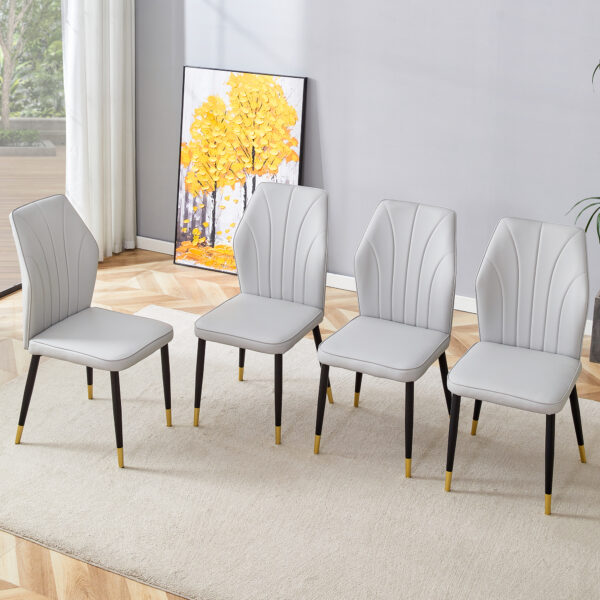 a92faaec39cd413fab09a14b0677984c_214a419e4044a43eae5d04905d69d5f3 4 light gray modern dining chairs with stylish PU patterned backrest and black metal legs for a comfortable home experience in the kitchen, bedroom and office.