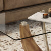 Modern minimalist transparent tempered glass coffee table with wooden MDF legs and stainless steel decorative columns. Computer desk. Game table. CT-907