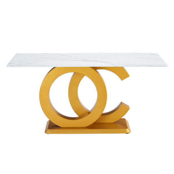 a9891fa62f664c4bb3527b7d3a375dda_20240306_9d5c986878428e2b5f4805710697d188 A large modern minimalist rectangular dining table suitable for 6-8 people, A set of 6-piece PU leather backrest and black metal legs modern dining chairs. F-OC C-007
