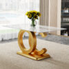 A large modern minimalist rectangular dining table suitable for 6-8 people, equipped with gold MDF OC shaped brackets and aureate base, suitable for kitchen, living room, dining room F-OC