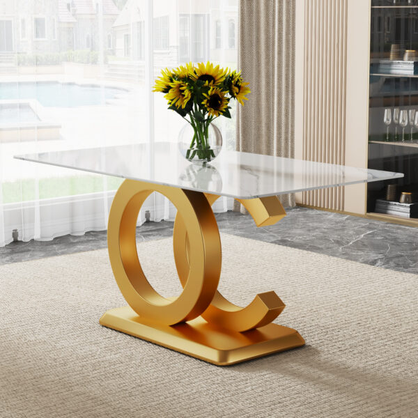 A large modern minimalist rectangular dining table suitable for 6-8 people, equipped with gold MDF OC shaped brackets and aureate base, suitable for kitchen, living room, dining room F-OC