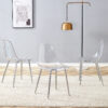 Transparent and stylish ergonomic dining chair unlocks a new experience of lightweight fashion, comfort, and stability. Transparent seat cushion, silver metal legs. One box of three.