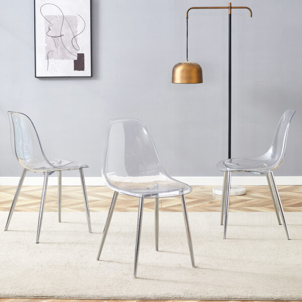 a99b72c9c41f4e86b503a5a8fdc0c514_a77b2ac5f52cc8f023795ebf41defb7f Transparent and stylish ergonomic dining chair unlocks a new experience of lightweight fashion, comfort, and stability. Transparent seat cushion, silver metal legs. One box of three.