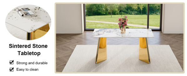a99e8a4cb931491190d9b68239aacb5f_730232b55cc5426fab46267db4fb4890 Table and chair set.63"x31.5x30" Luxurious Pandora patterned Sintered Stone Tabletop with Golden Stainless Steel Butterfly Legs.Paried With 6 Black High-quality PU Chairs With Arched Metal Legs.