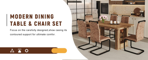 a9a75c1b66d44b768d744145f7cf7a7a_85fa920a89c5a6c8535f042b479bfcd0 Table and chair set.64.5 x 35.4 Inch Stylish Wood Color Textured Dining Table.Perfectly Blending Simplicity And Transparency.Paried With 6 Brown technology fabric chairs with arched black legs.