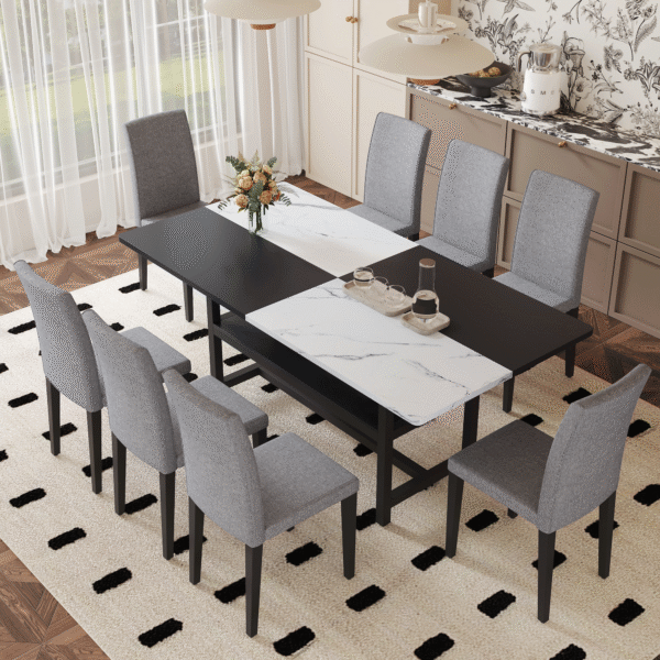a9b9b60e08164786a95dd45d8c87bdbe_3bdad8f9659b8cde002c0e73124299e6 Table and chair set.71*35.4 inch White And Black Spliced Dining Table With Storage Function In The Middle Of The Table Legs.Paired With 8 Light Gray Linen-Cotton Dining Chairs, Simple And Versatile.