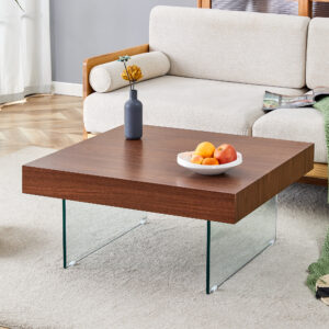 Walnut Colored Square MDF Coffee Table - 31.5"x31.5" with Tempered Glass Legs.Density Board Sticker,Reinforced Glass Legs.Walnut Colored Texture Sticker.