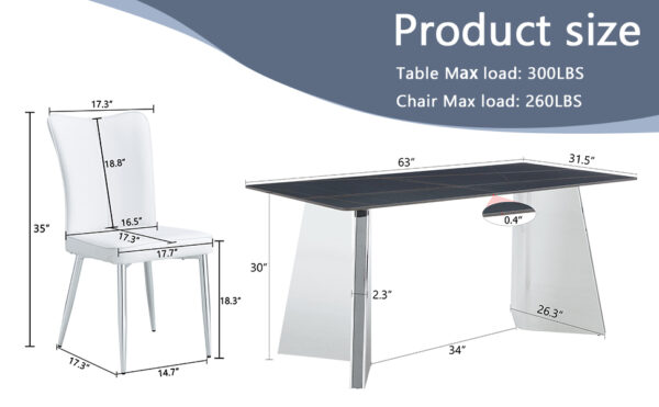 a9caf76459e046dc96ffed64a5a226e3_c861ad4e24d1f1c390b01da860f841ba Table and chair set.63"x31.5x30" Black Marble-Patterned Slabs Tabletop with Stainless Steel Butterfly Legs.Paired with 4 white PU dining chairs with a vertical stripe design on the backrest.