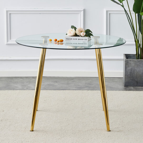 A glass tabletop with a diameter of 40 inches and a modern minimalist circular dining table with electroplated golden metal legs.Suitable for living rooms, and conference rooms.W1151S00375,W1151S02857